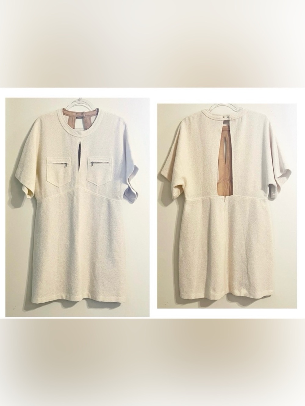 BCBGeneration Open Back French Terry Cotton Oatmeal Dress Front Pockets NWT